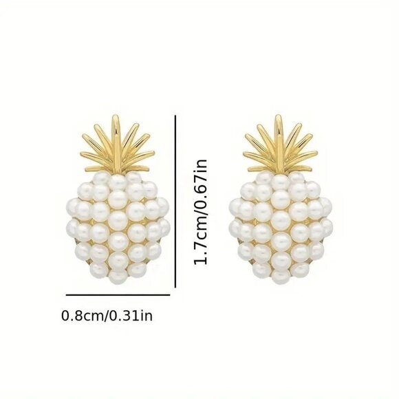 Pearl Earrings Pineapple Studs Holloywood Glam Simple Classy Trendy Tropical NEW - Picture 4 of 4